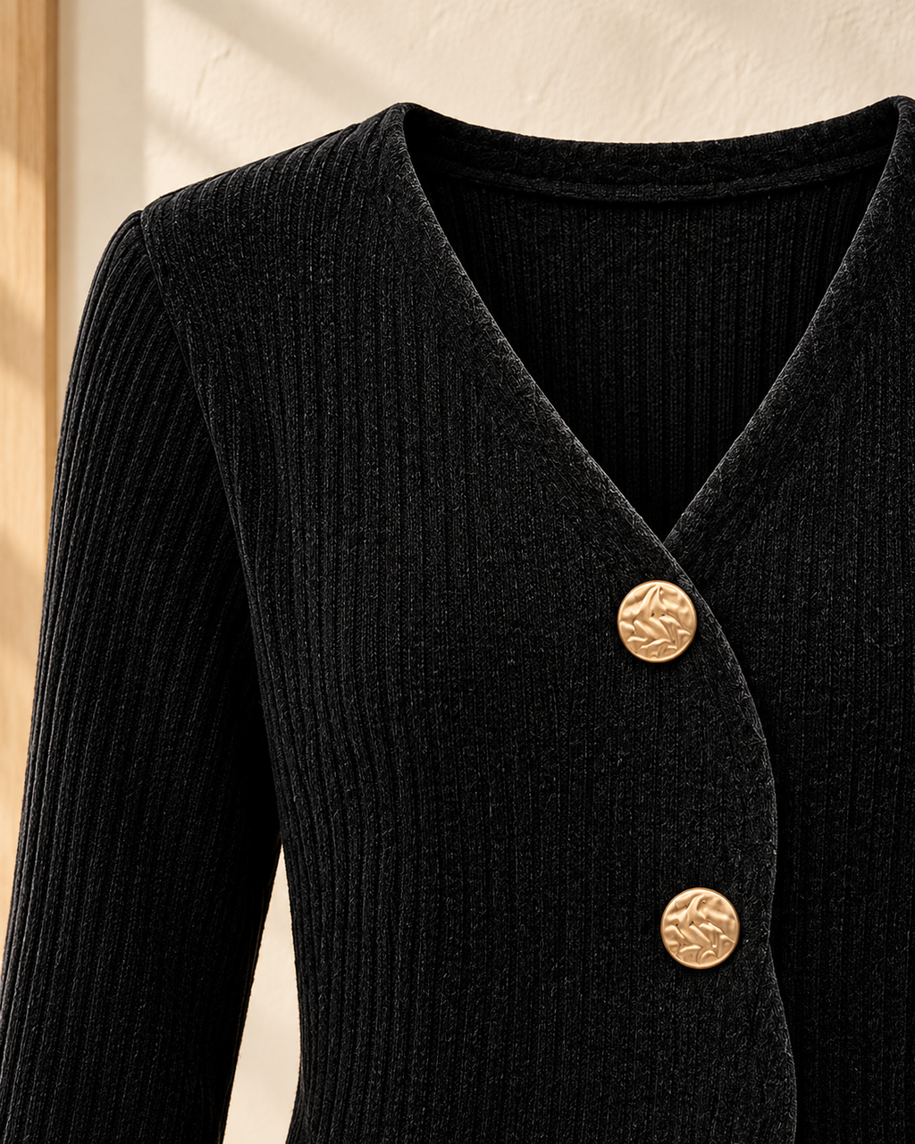 Asymmetric Button Knit Cardigan – button rib detail