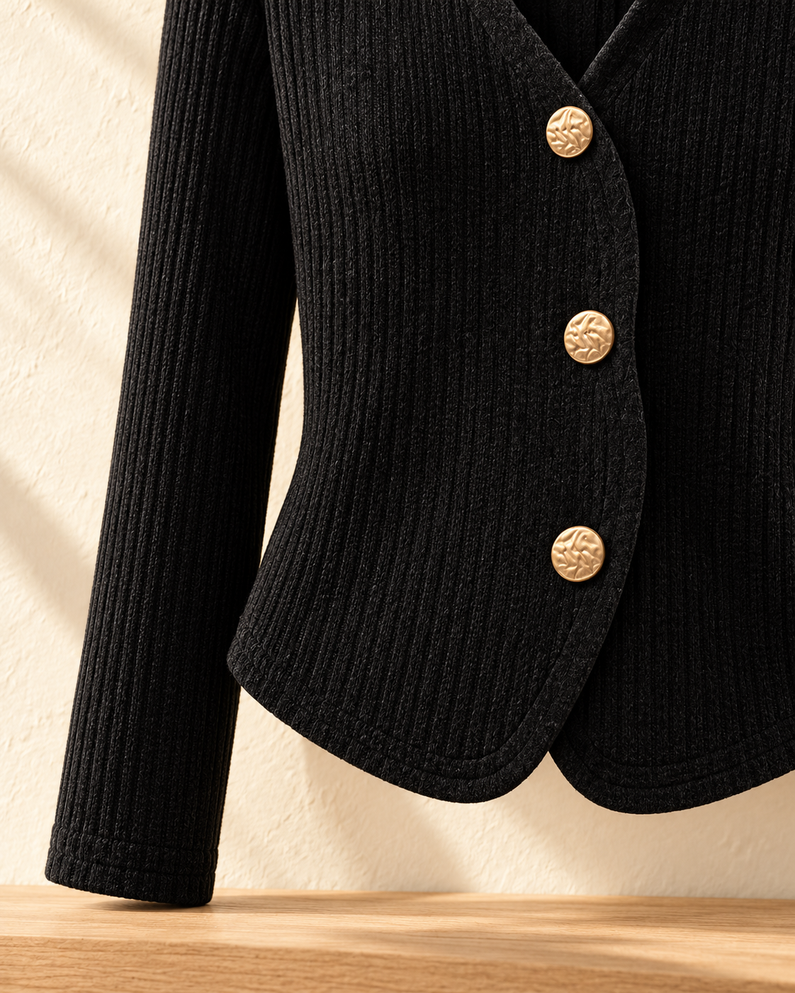 Asymmetric Button Knit Cardigan – curved hem detail