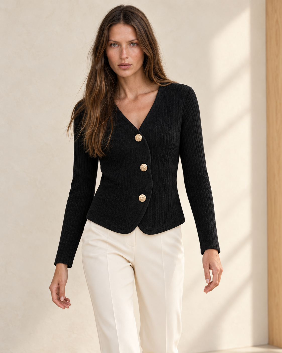 Asymmetric Button Knit Cardigan – styled close