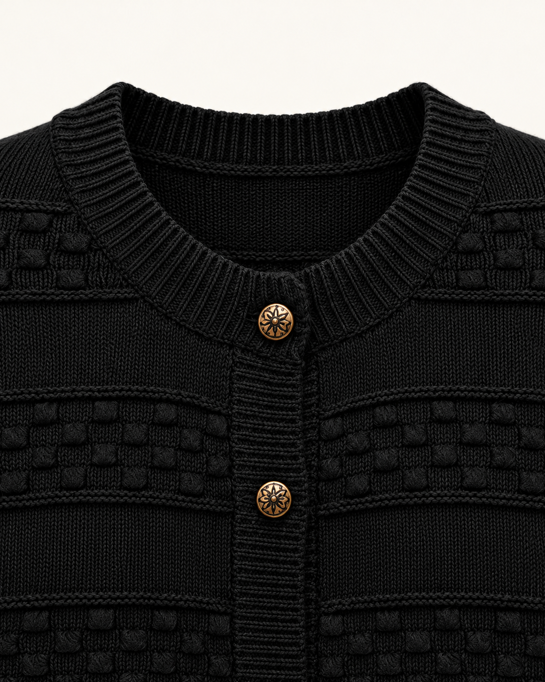Basketweave Knit Cardigan – neck button detail