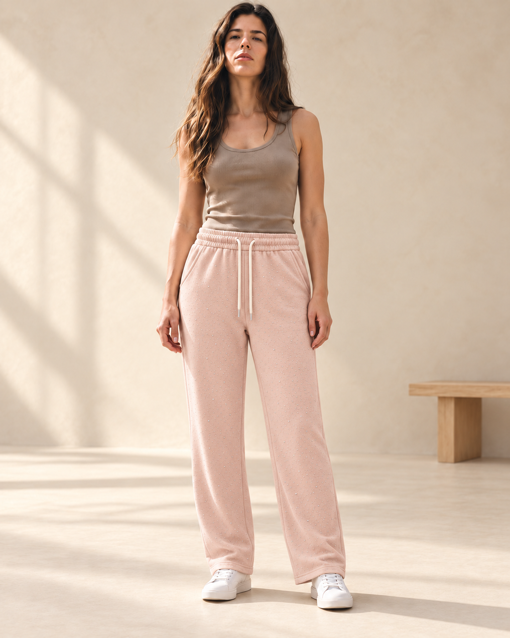 Blush Rhinestone Straight Leg Sweatpants – model hero