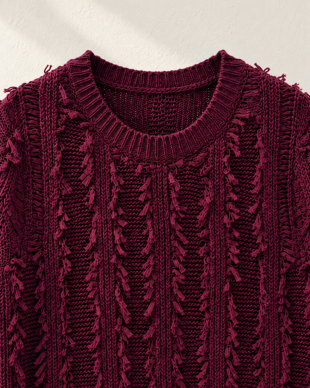 Bordeaux Fringe Knit – wine knit fringe detail