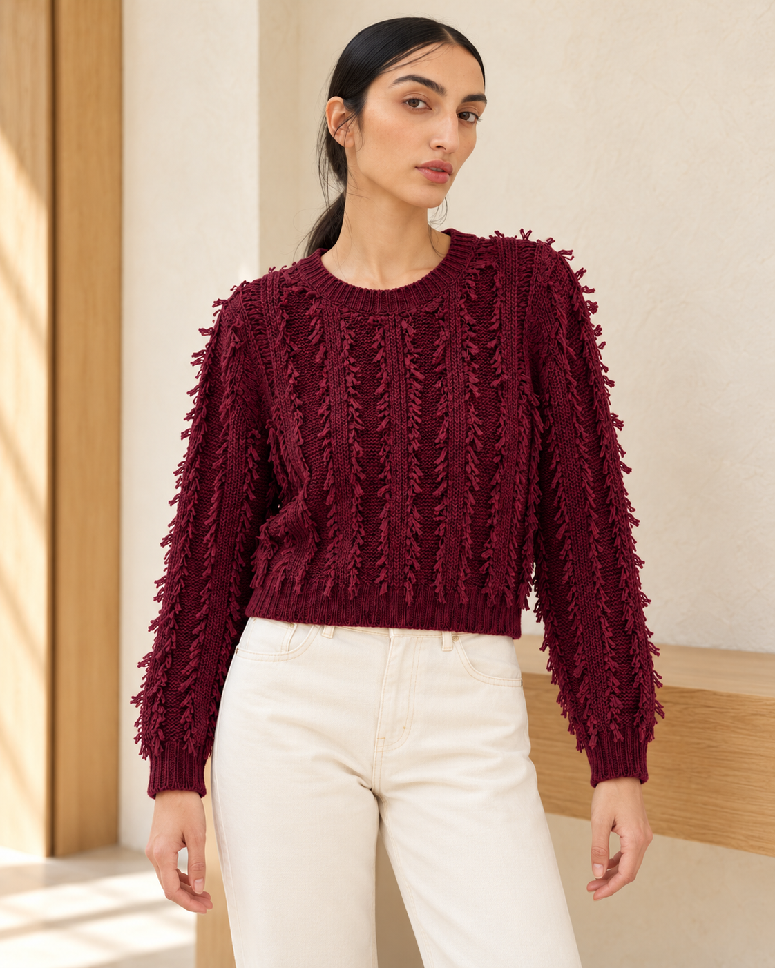 Bordeaux Fringe Knit – closer styled model