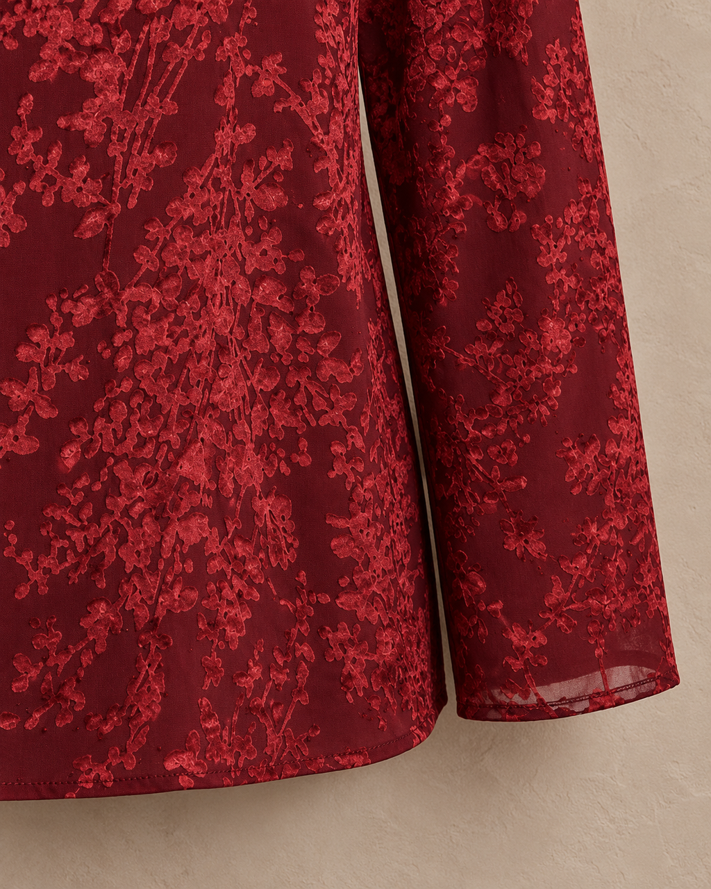 Botanical Embellished Top – wine hem sleeve detail