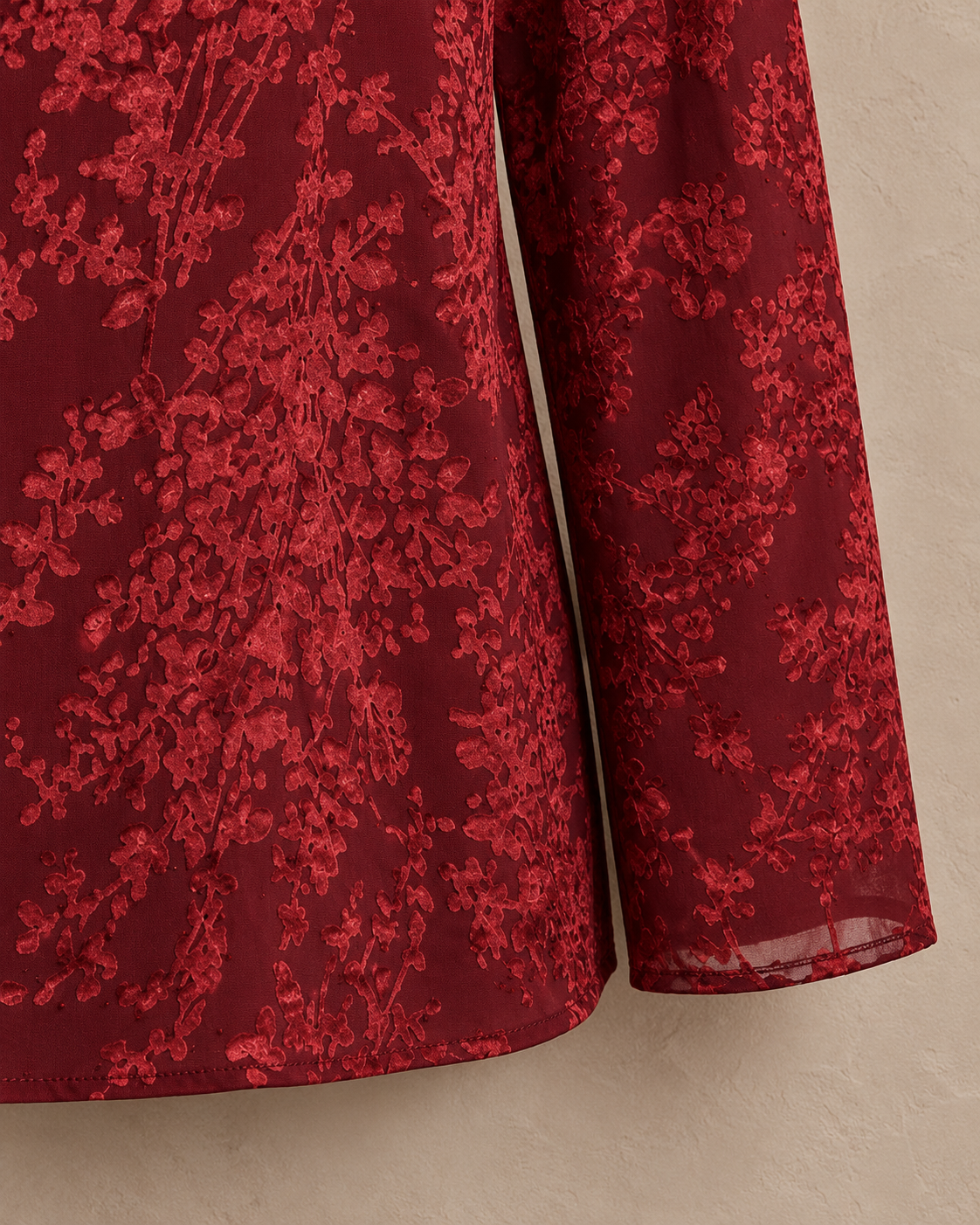 Botanical Embellished Top – wine hem sleeve detail