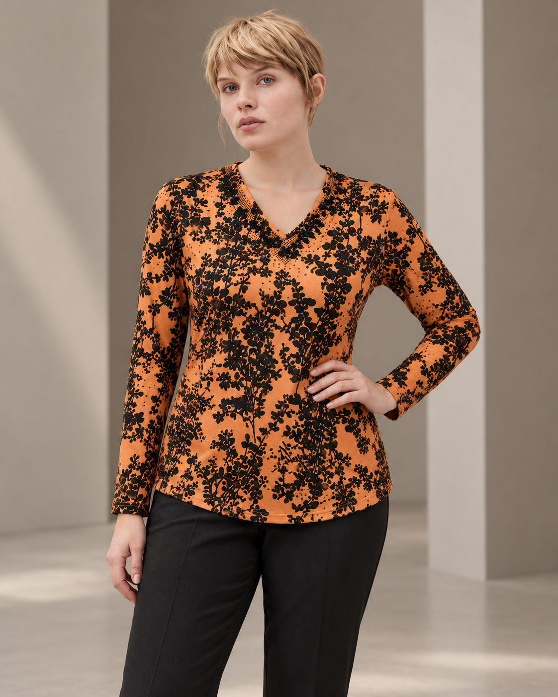 Botanical Embellished Top – closer styled model