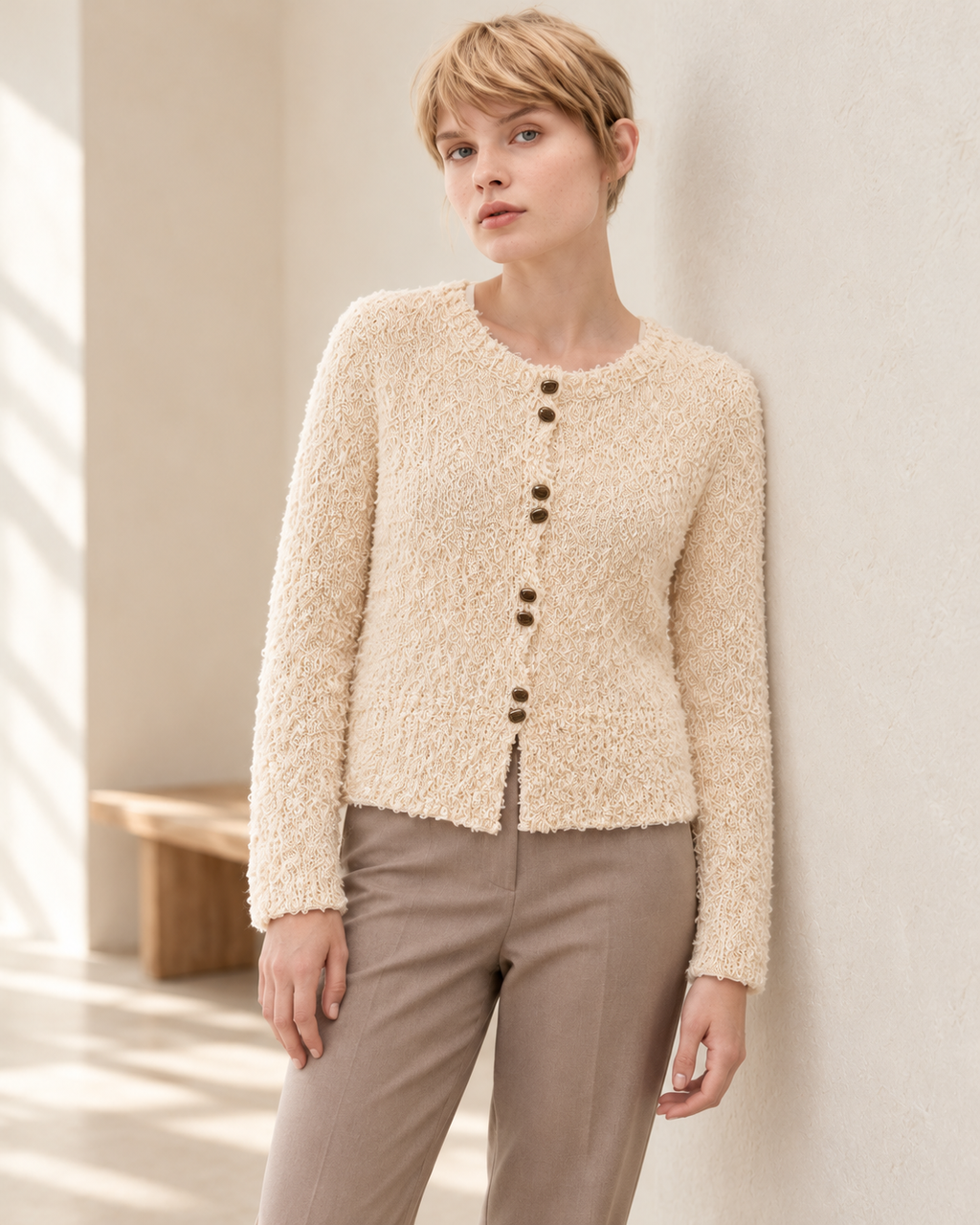 Bouclé Button Cardigan – closer model