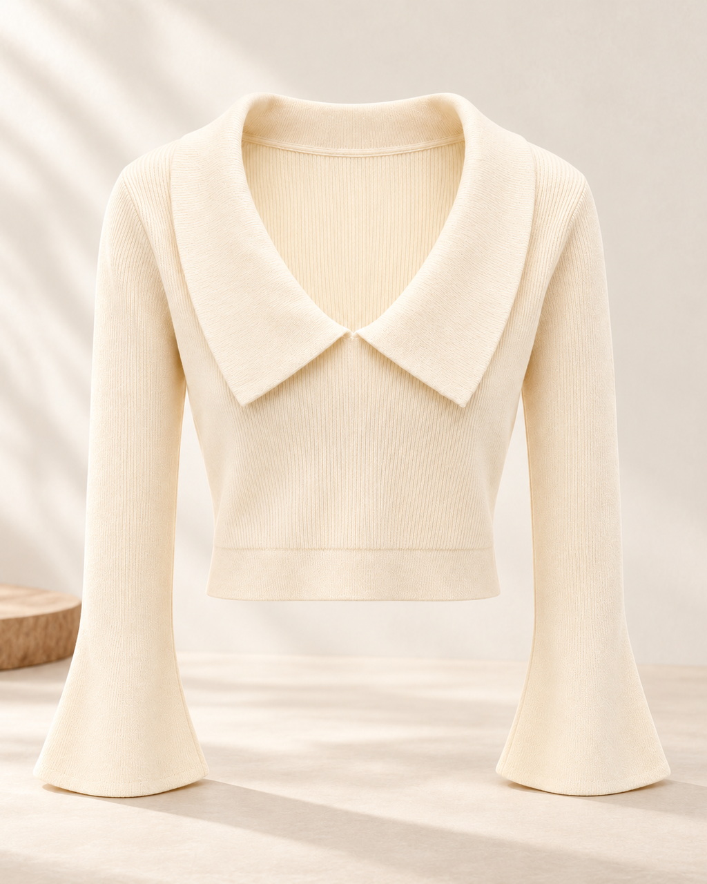 Collared Flare Sleeve Knit Top – cream product showcase