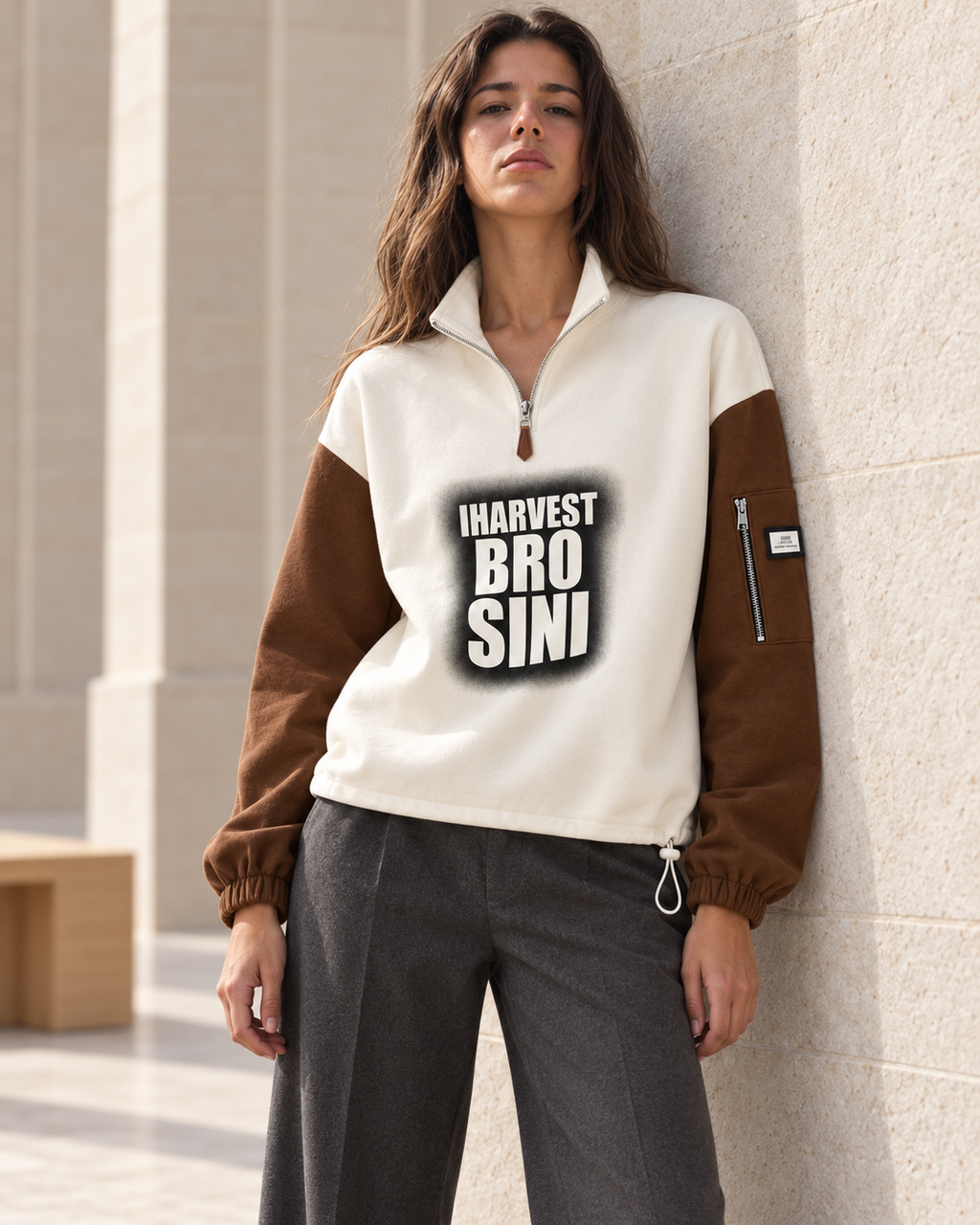 Colour Block Quarter Zip Sweatshirt – model close