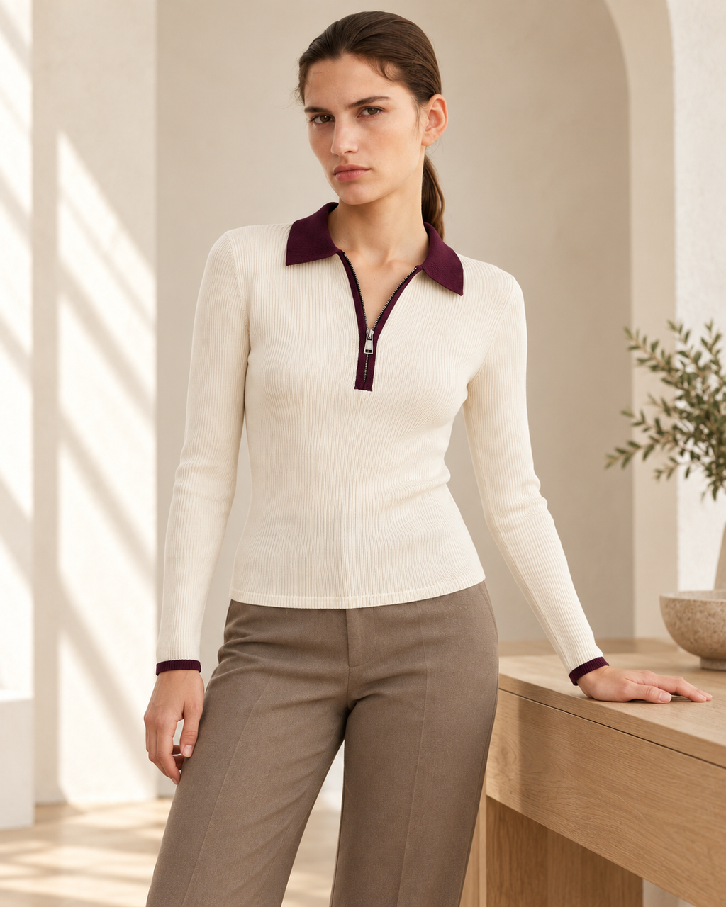 Contrast Collar Ribbed Knit Top – styled model