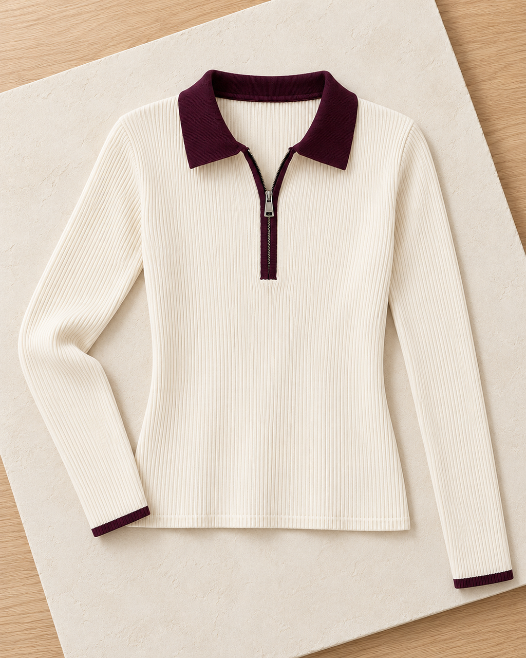 Contrast Collar Ribbed Knit Top – front flatlay