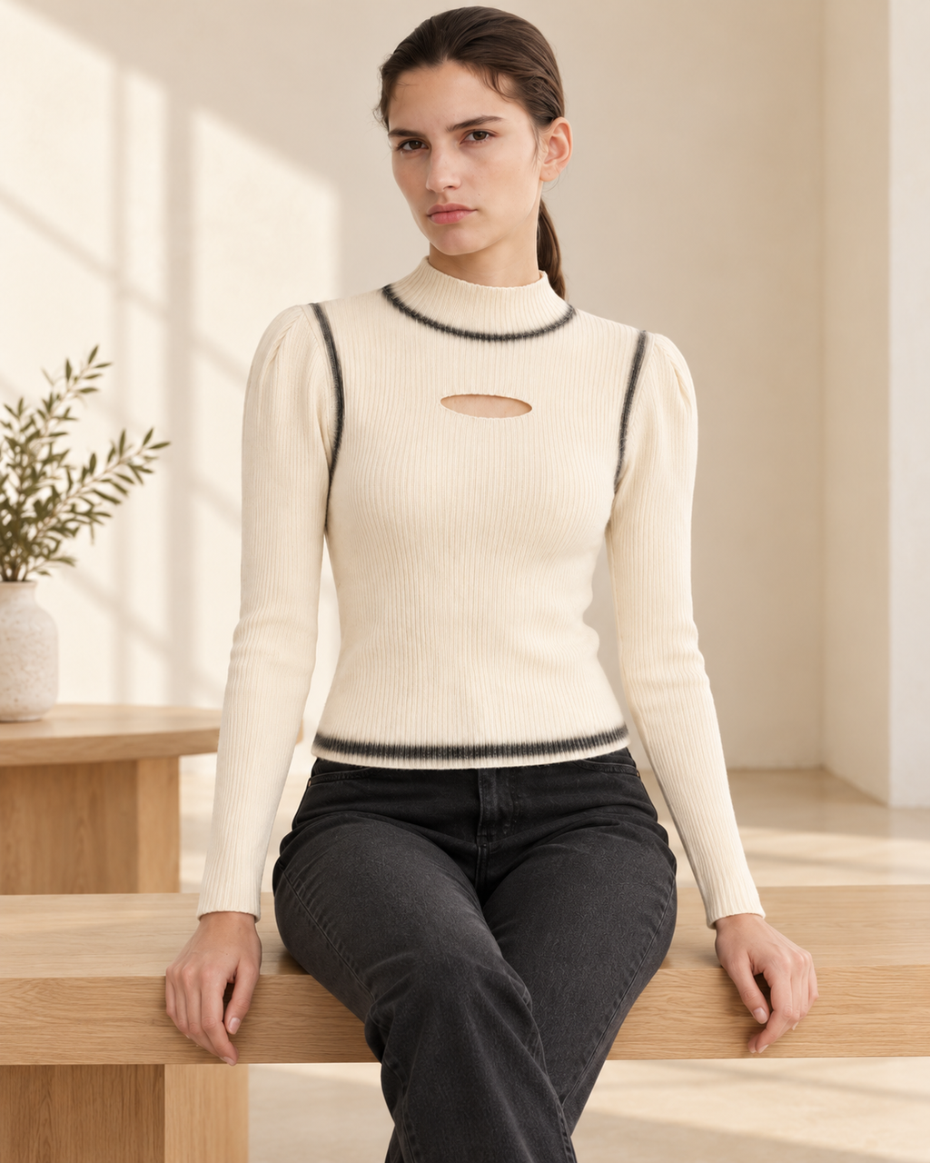 Contrast Trim Cut-Out Ribbed Top – model close