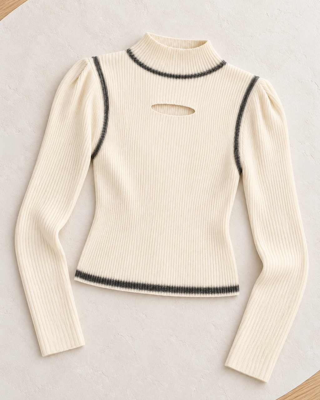 Contrast Trim Cut-Out Ribbed Top – single colour flatlay