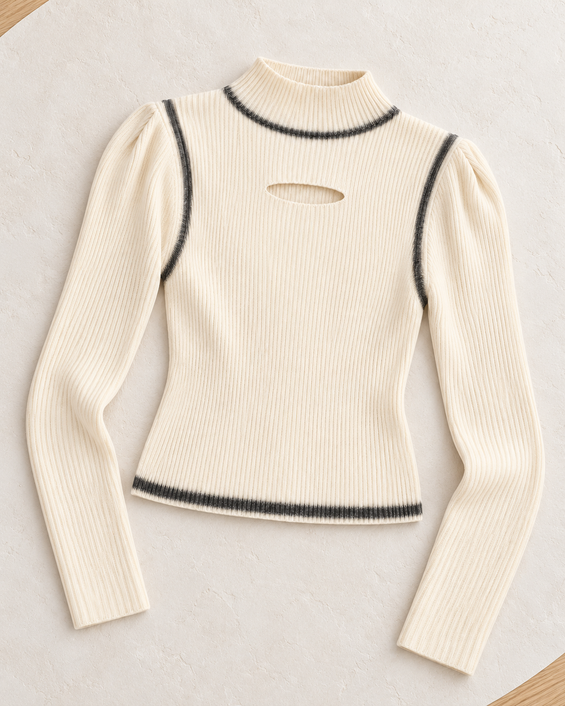 Contrast Trim Cut-Out Ribbed Top – single colour flatlay