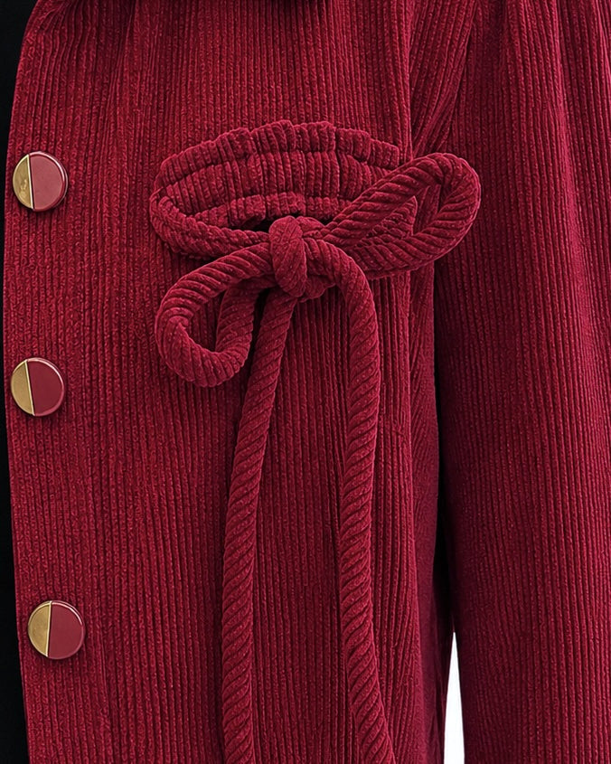 Corduroy Cropped-Jacket Style Dress – bow button detail