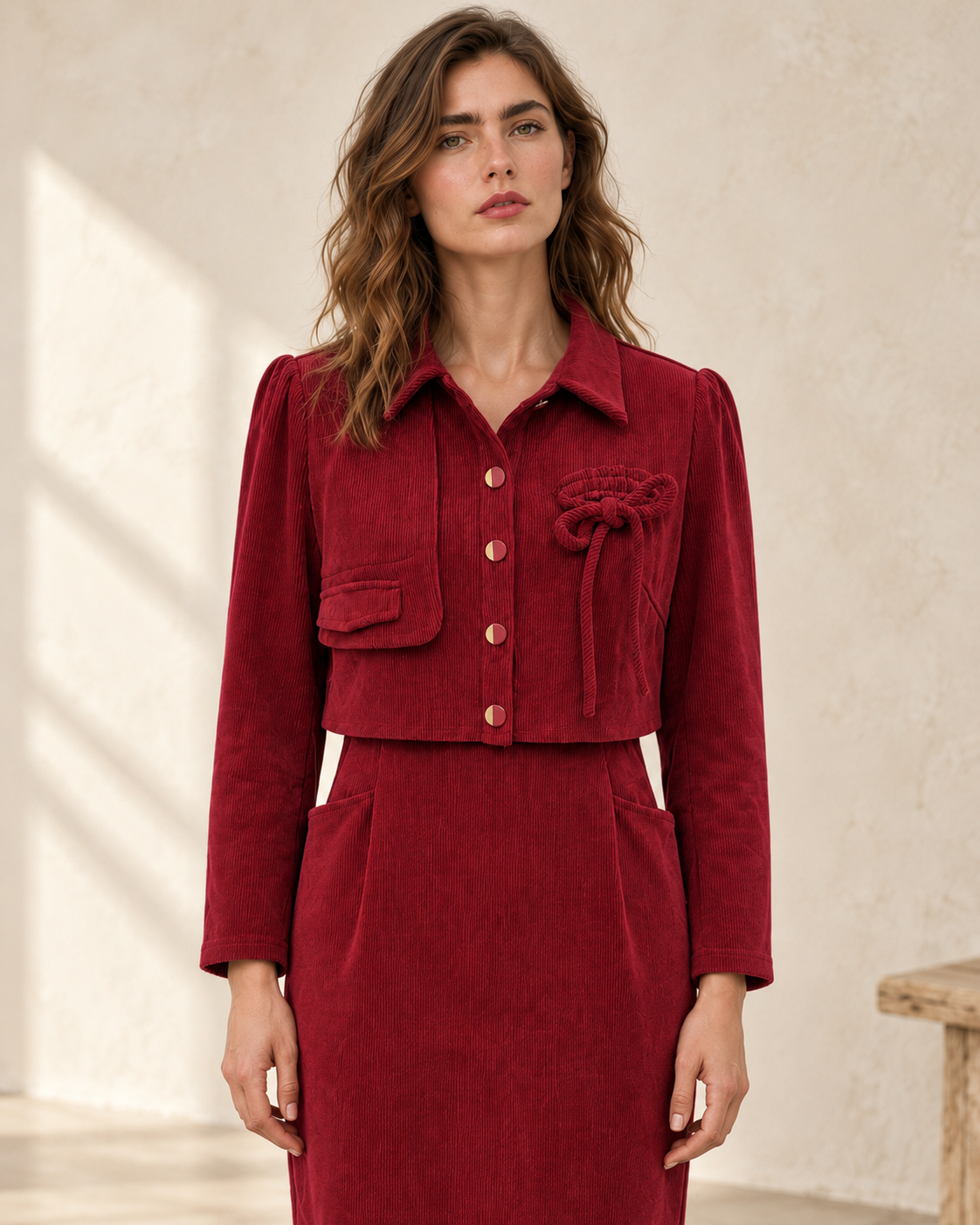 Corduroy Cropped-Jacket Style Dress – styled model