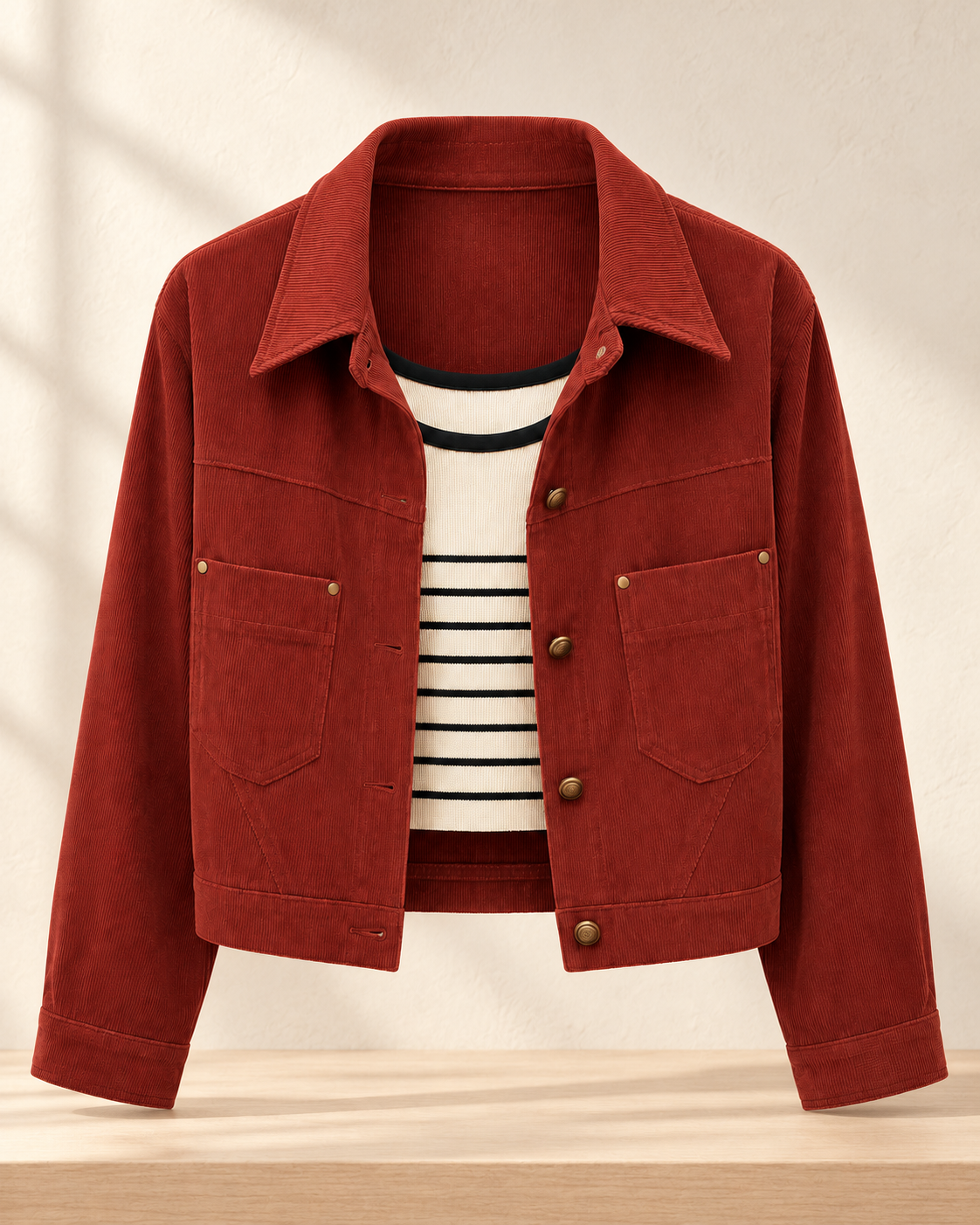 Corduroy Cropped Jacket with Knit Inner – product showcase