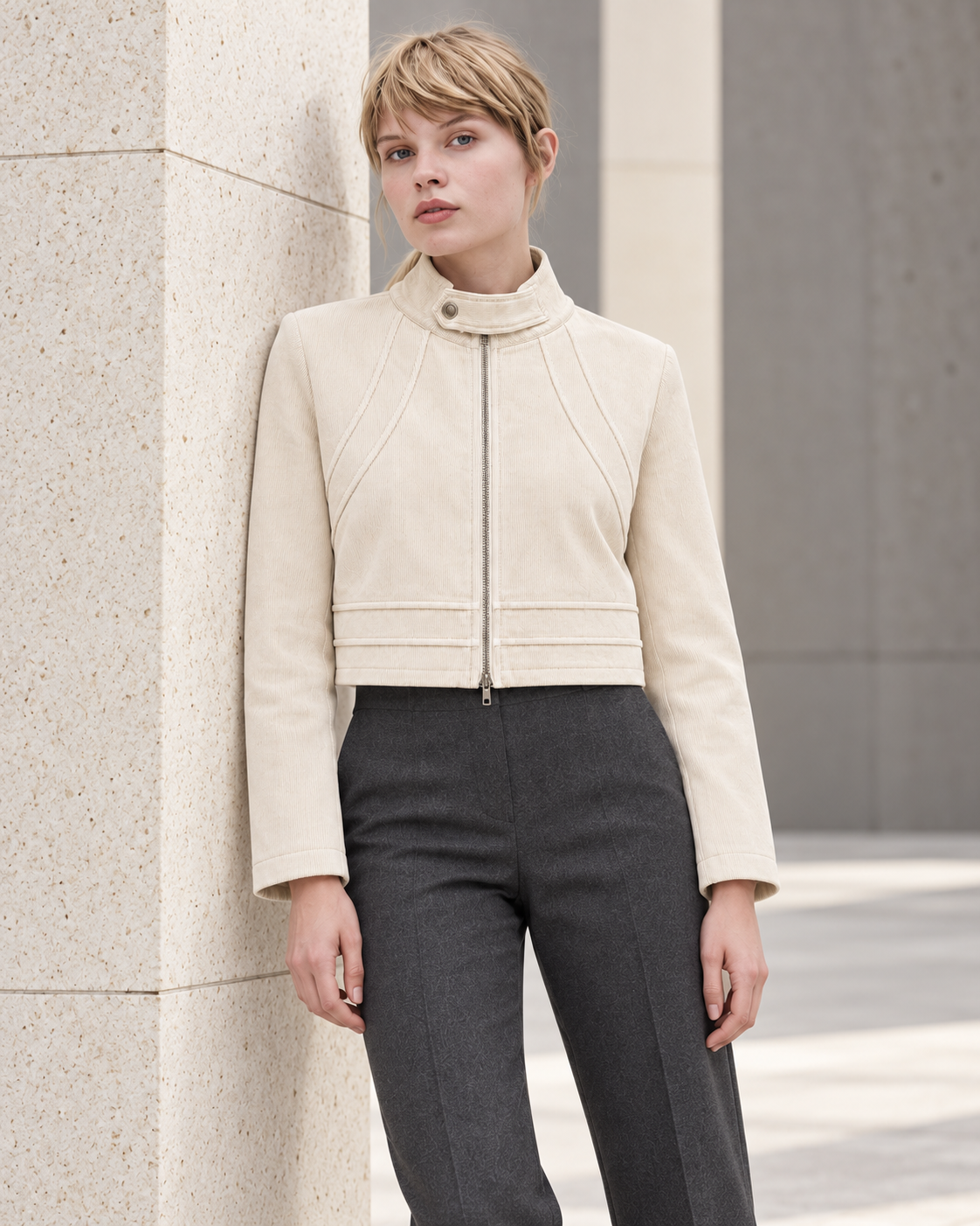 Corduroy Zip-Up Cropped Jacket – model close