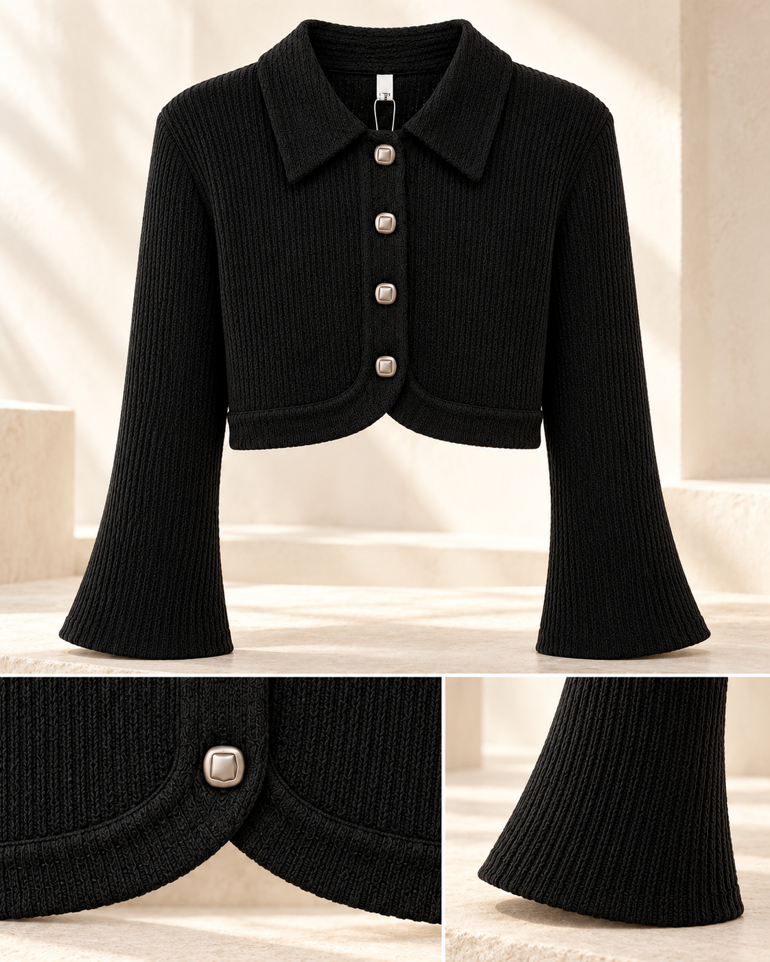 Cropped Collared Knit Cardigan – black curved hem detail