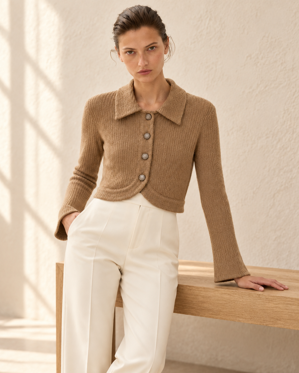 Cropped Collared Knit Cardigan – styled close camel