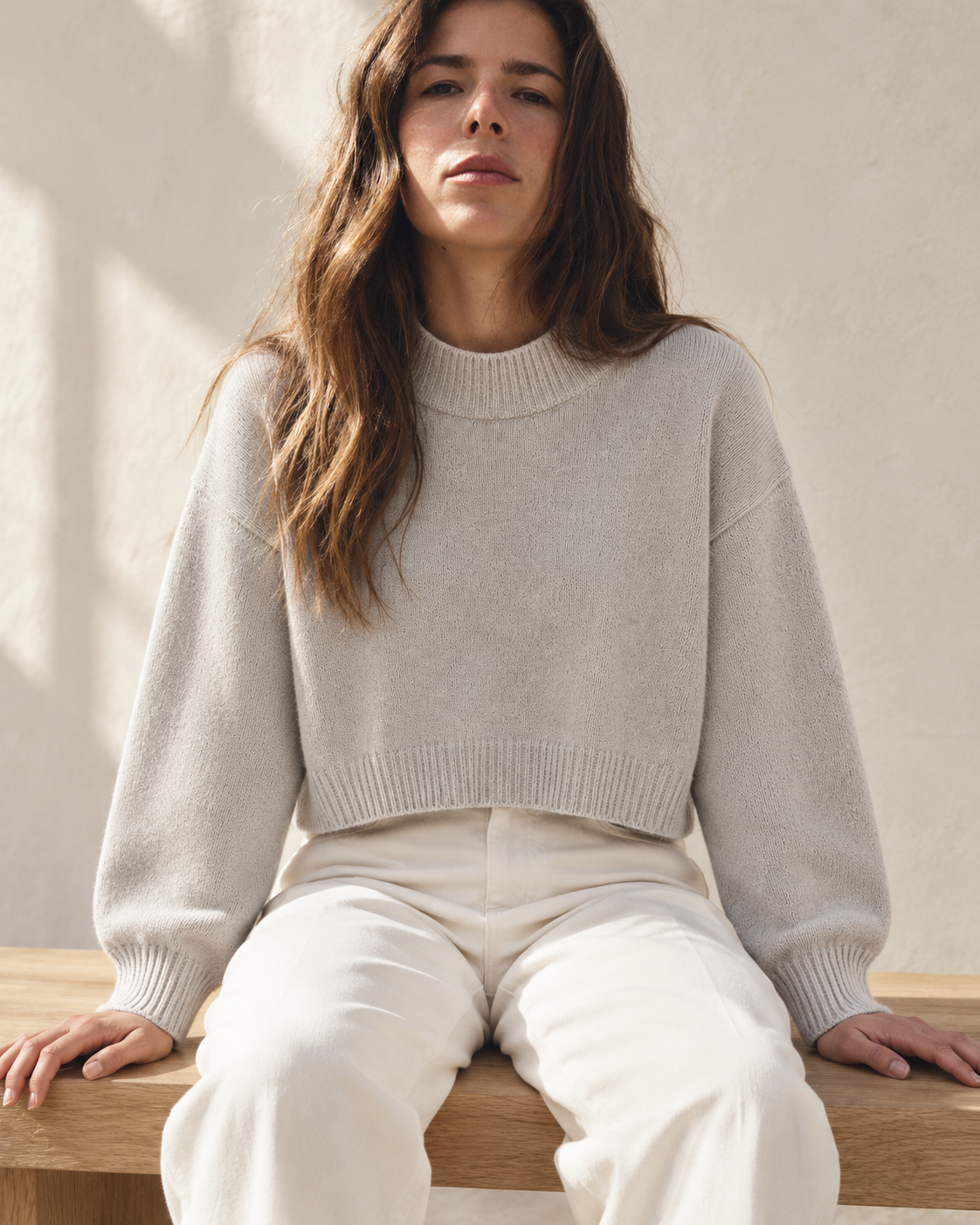 Cropped Mock Neck Knit Sweater – closer model