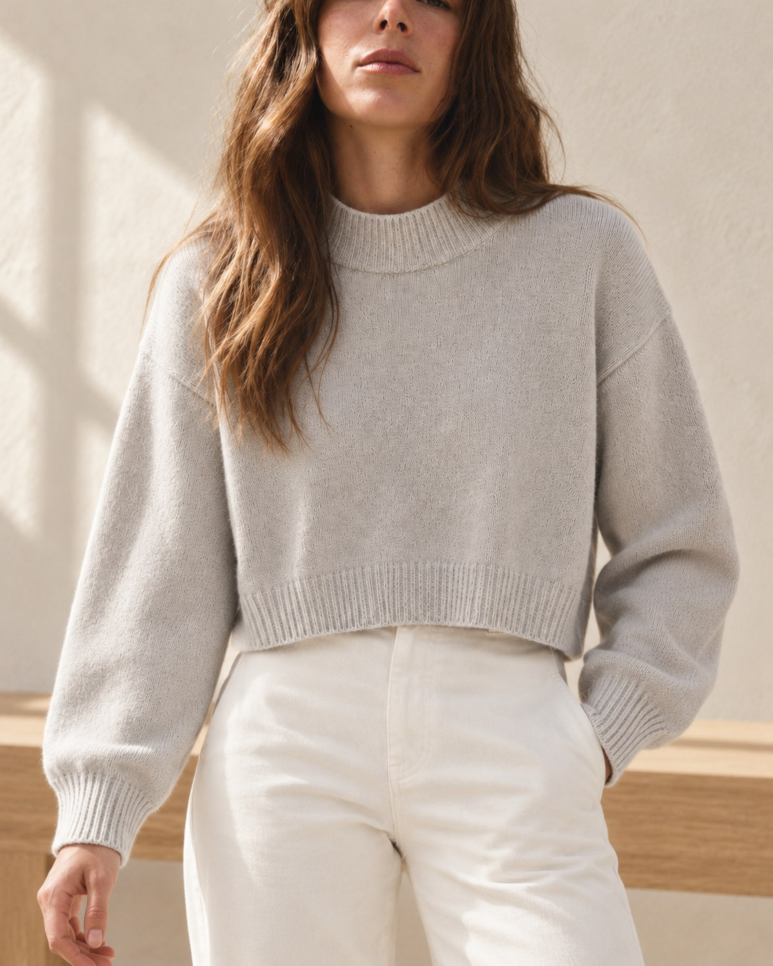 Cropped Mock Neck Knit Sweater – front fit detail