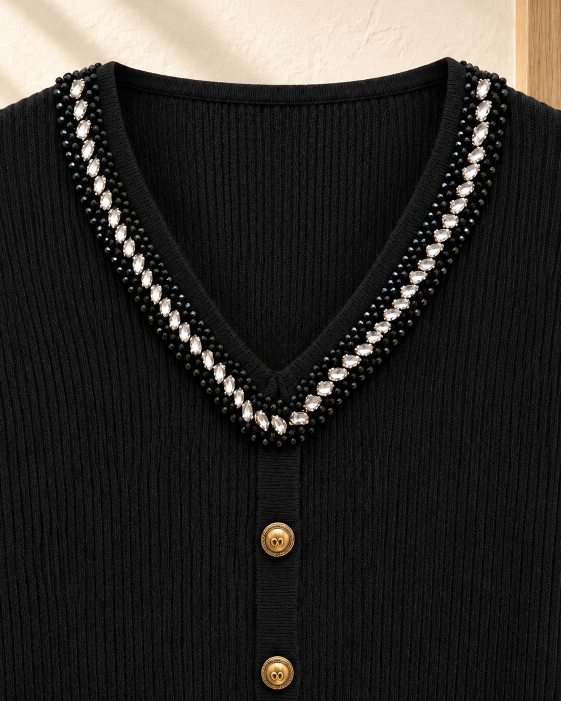 Embellished V-Neck Ribbed Top – neckline detail