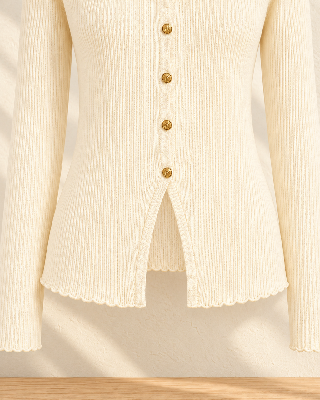 Embellished V-Neck Ribbed Top – button hem detail