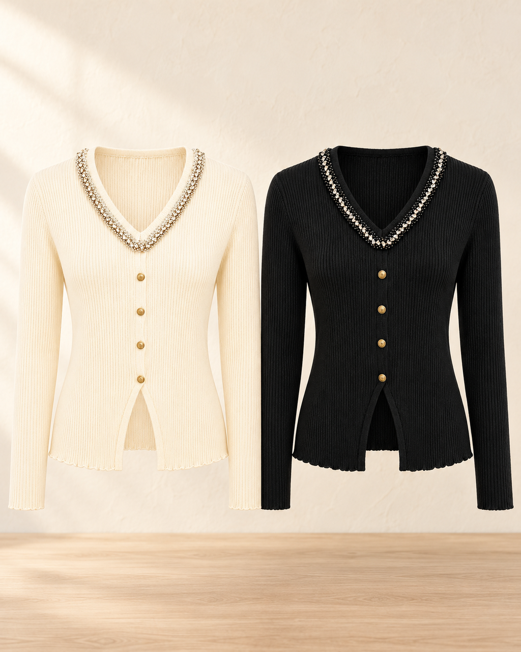 Embellished V-Neck Ribbed Top – colours