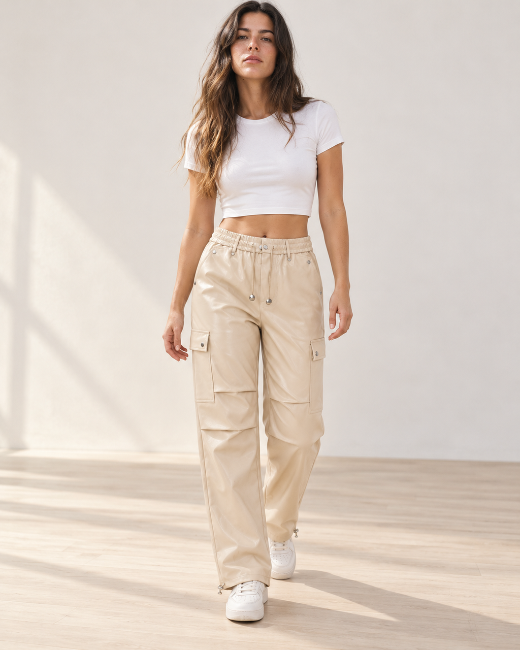 Faux Leather Cargo Pants – model hero