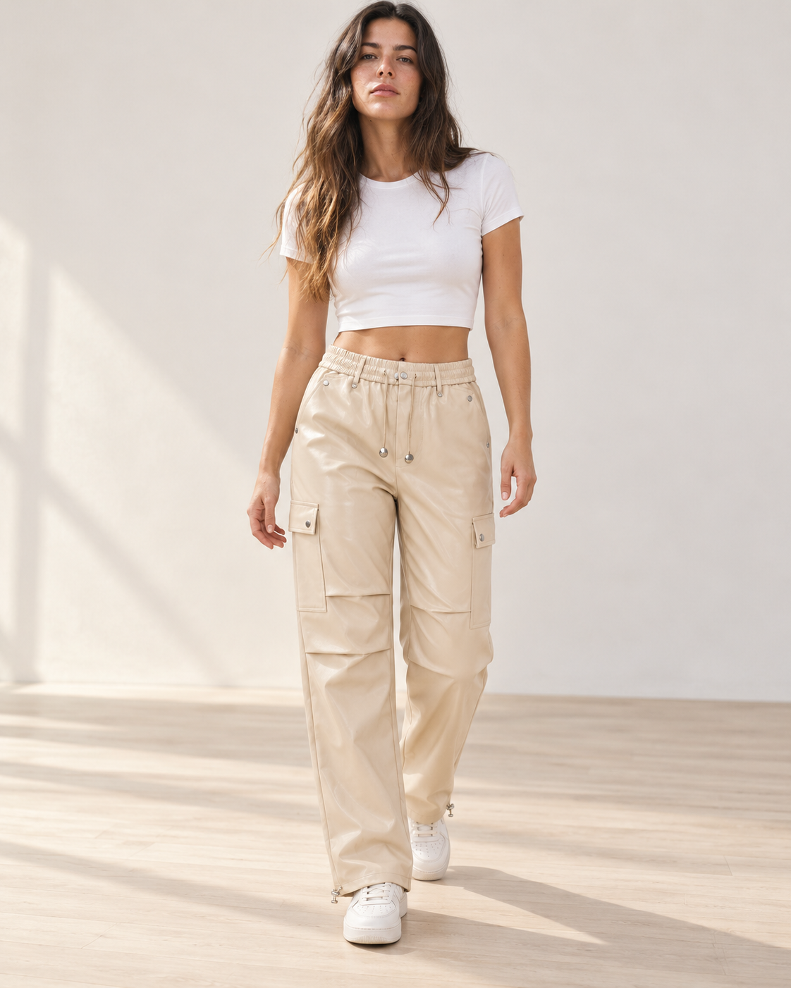 Faux Leather Cargo Pants – model hero