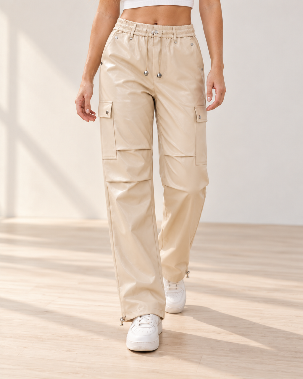 Faux Leather Cargo Pants – styled close
