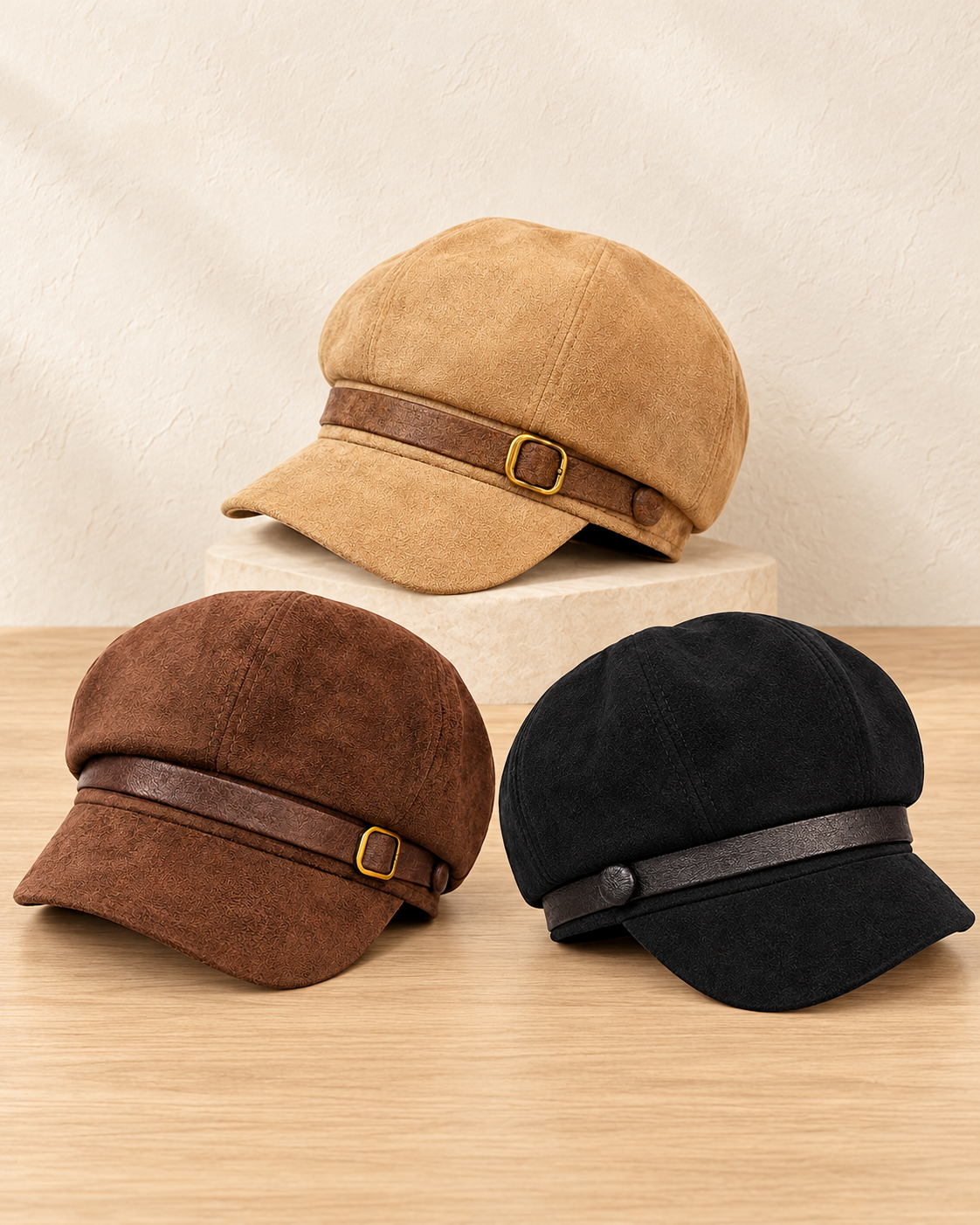 Faux Suede Baker Boy Cap – colour comparison