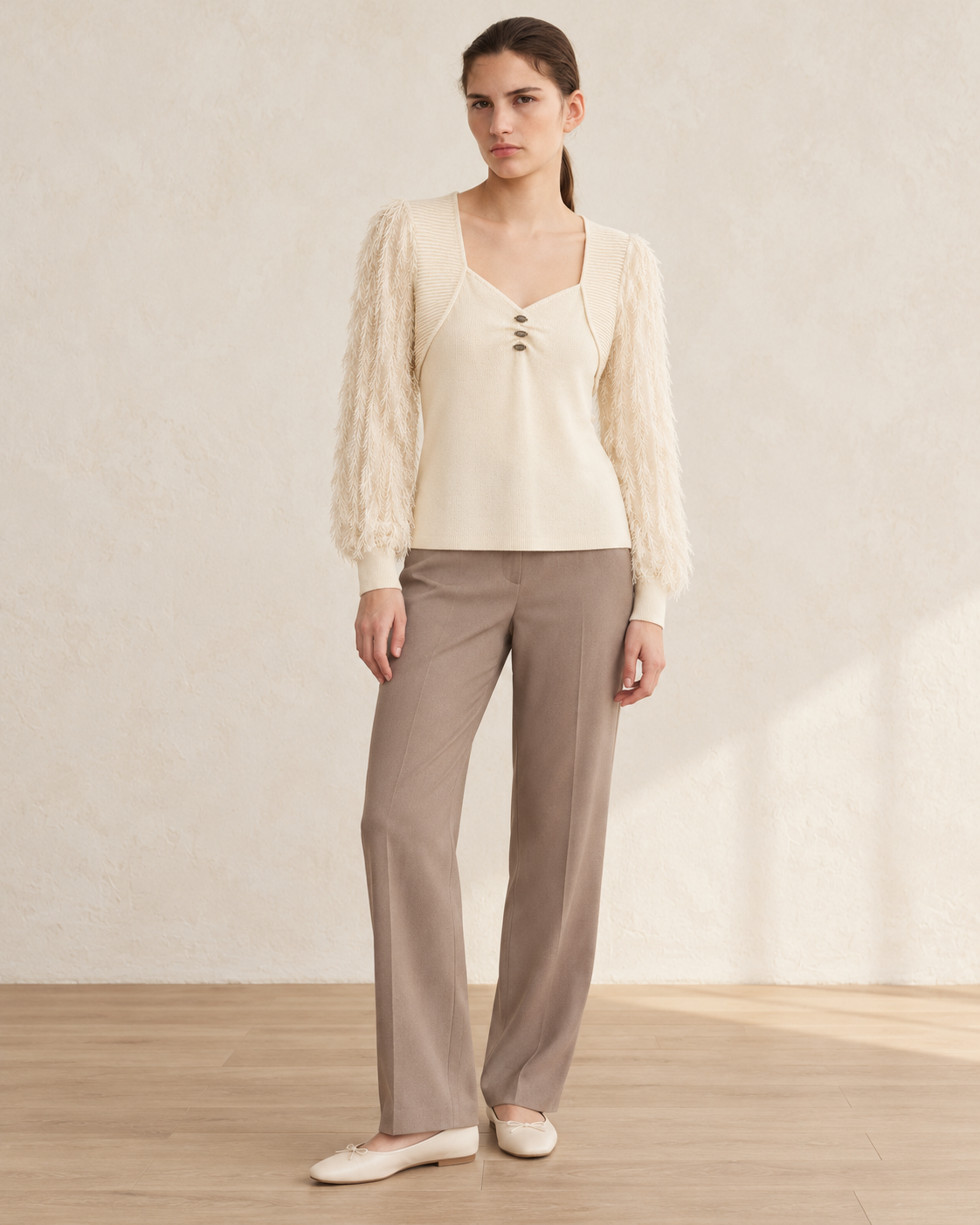 Feather Sleeve Knit Top – model hero