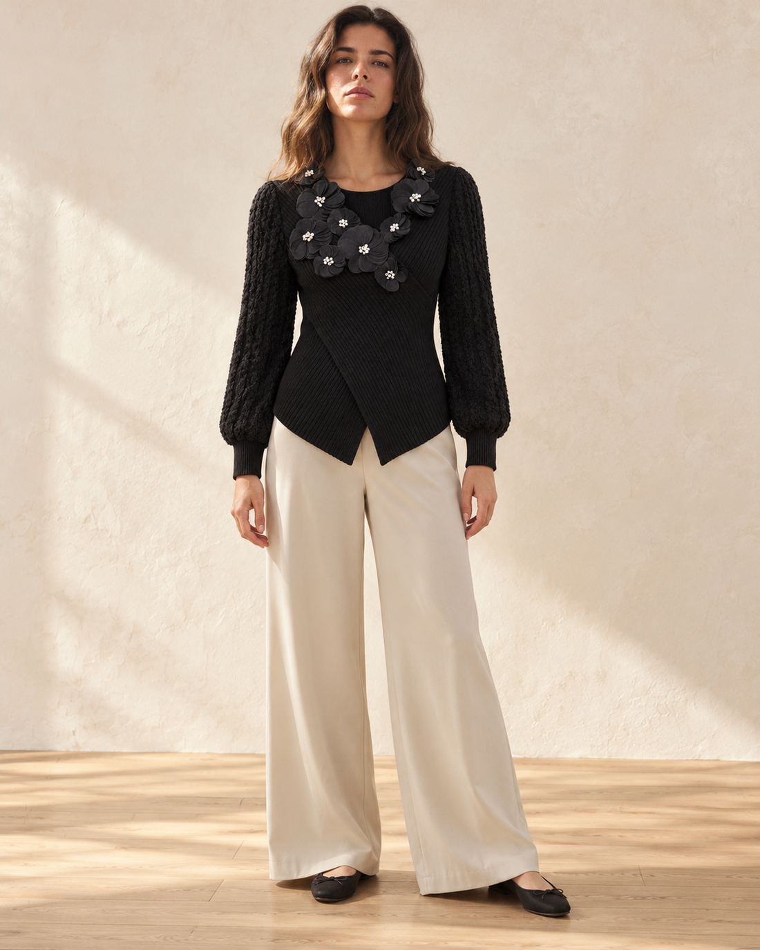 Floral Appliqué Wrap Knit Top