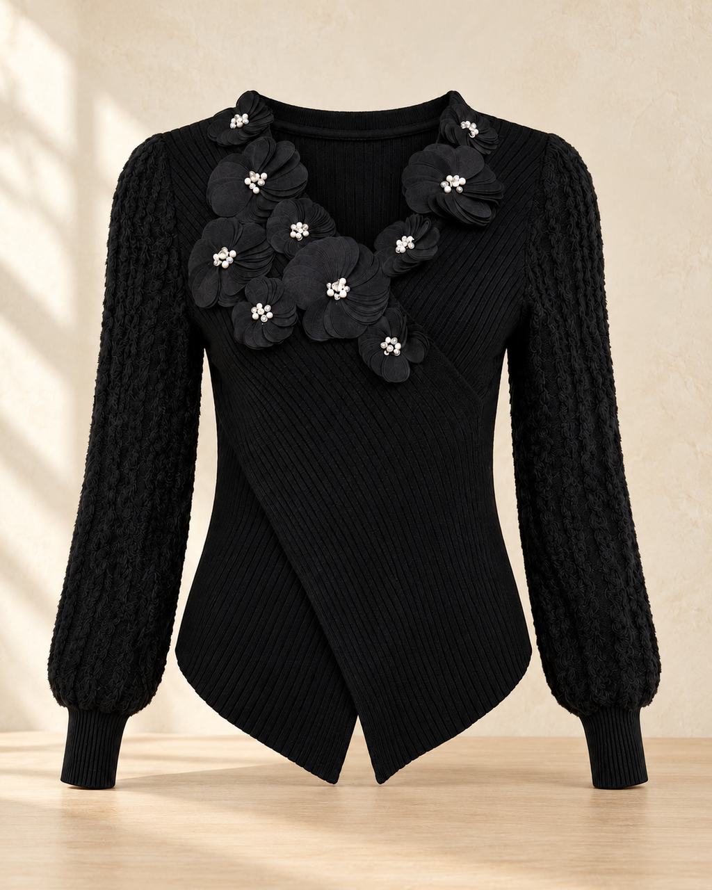 Floral Appliqué Wrap Knit Top – product showcase