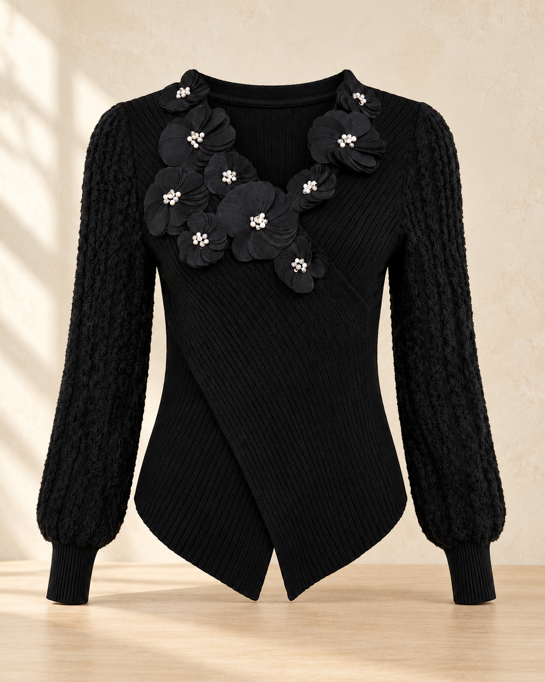 Floral Appliqué Wrap Knit Top – product showcase