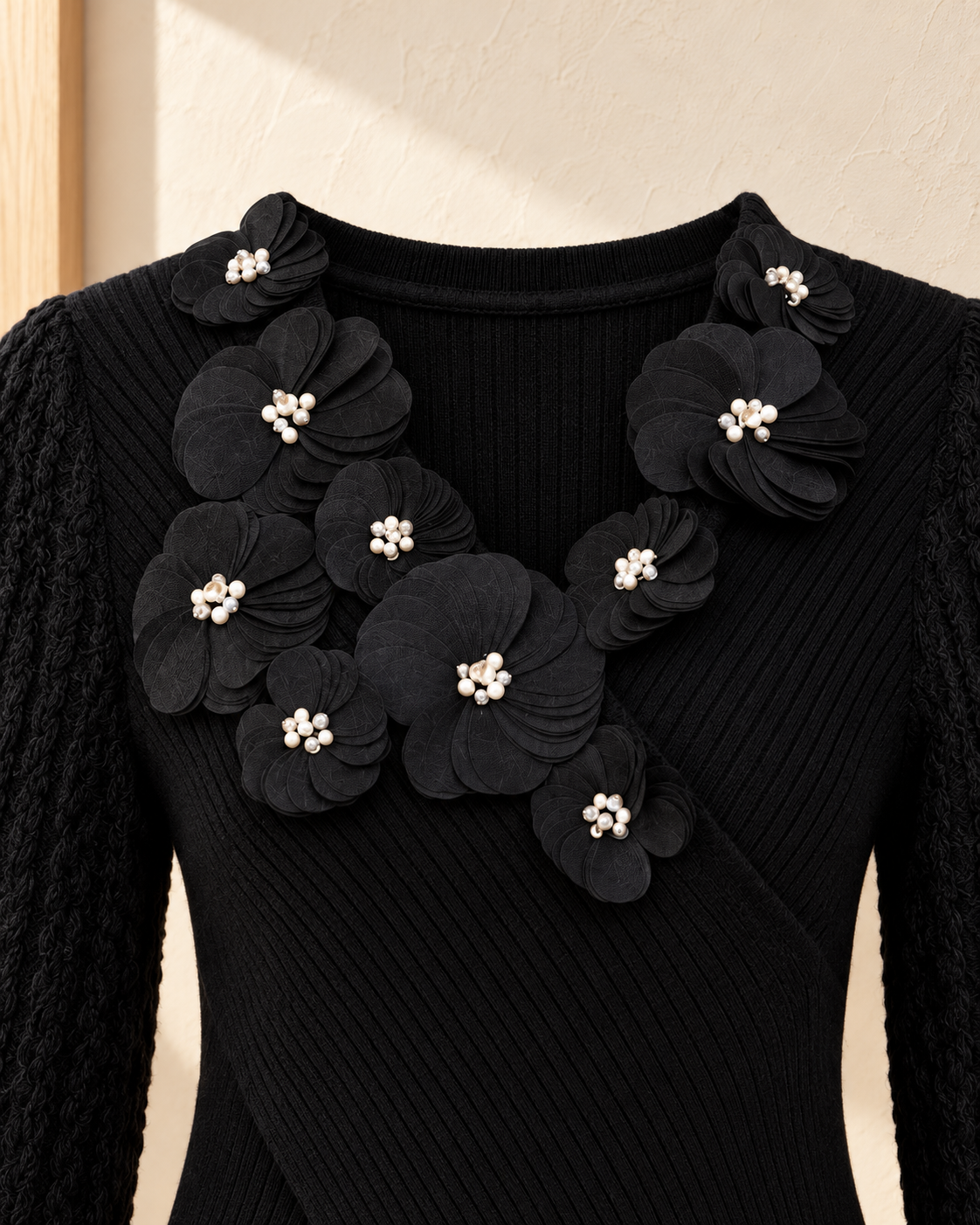 Floral Appliqué Wrap Knit Top – floral neckline detail