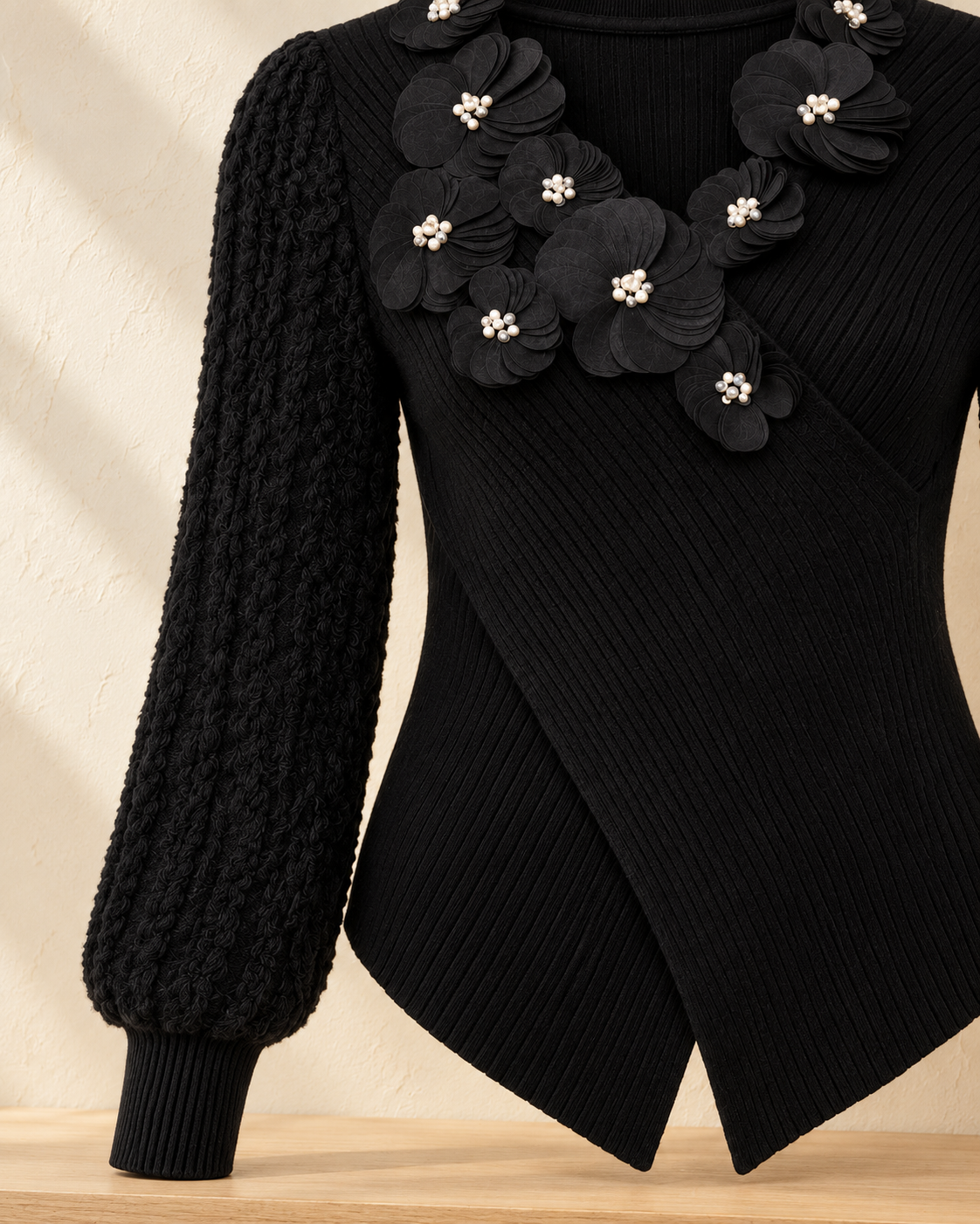 Floral Appliqué Wrap Knit Top – wrap cuff detail