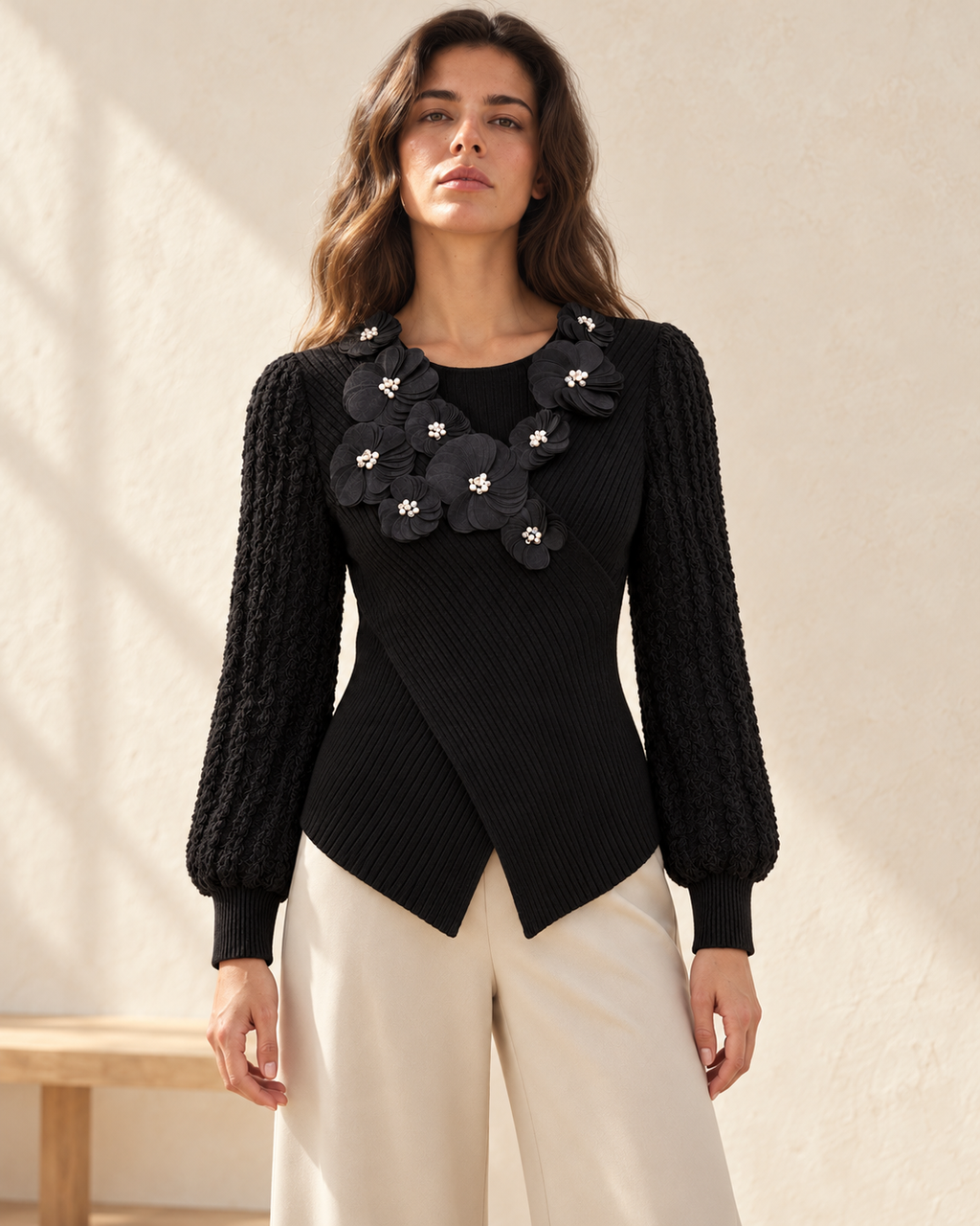 Floral Appliqué Wrap Knit Top – styled close