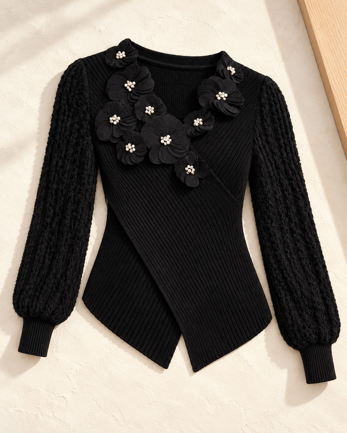 Floral Appliqué Wrap Knit Top – single colour flatlay