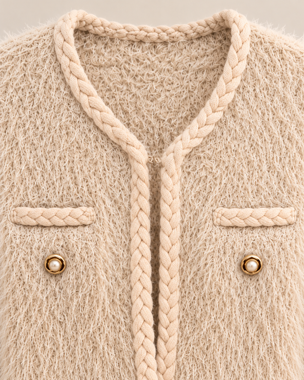 Fuzzy Crop Cardigan – braid button detail