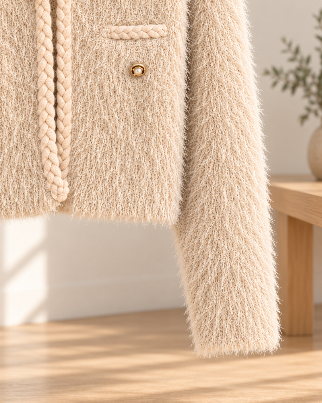 Fuzzy Crop Cardigan – cuff hem detail