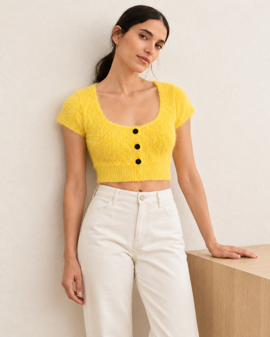 Fuzzy Knit Crop Top – model close