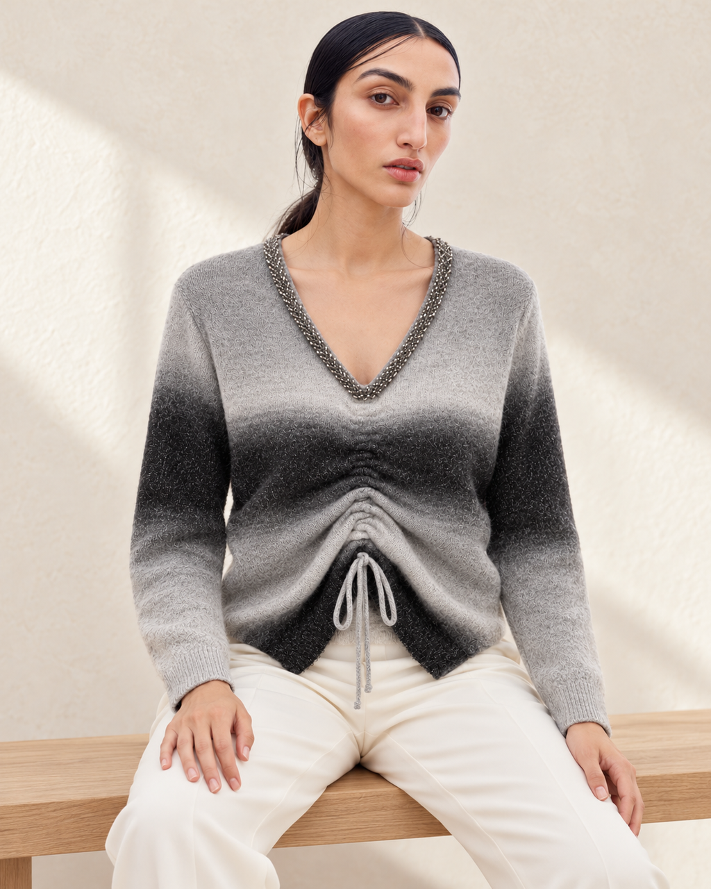 Gradient Drawstring Knit Pullover – styled model