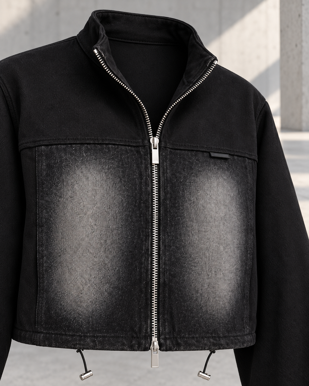 Hybrid Denim Jacket – collar zip panel detail