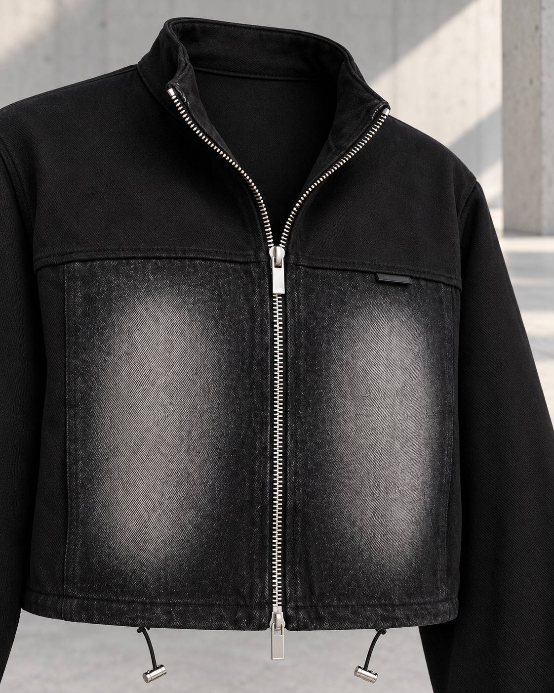 Hybrid Denim Jacket – collar zip panel detail