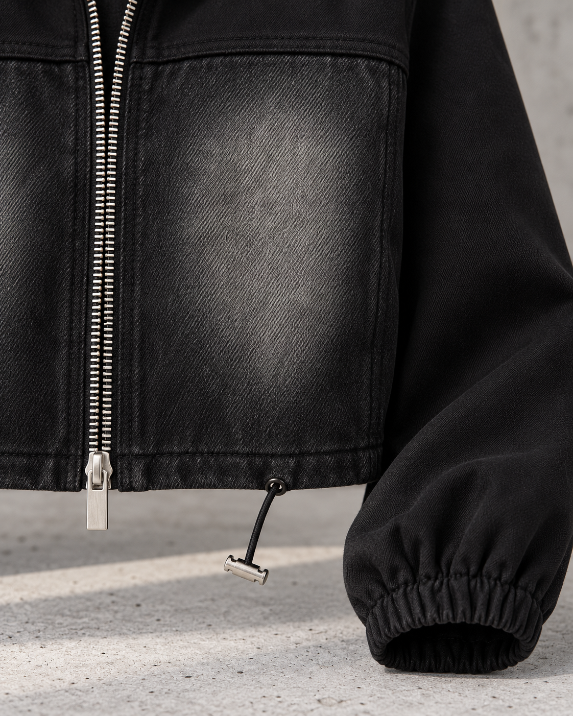 Hybrid Denim Jacket – cuff hem toggle detail