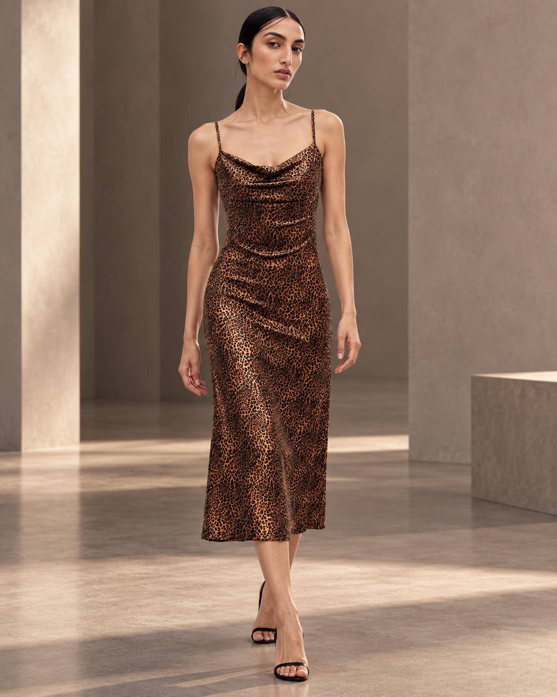 Leopard Cowl Midi Dress – model hero brown