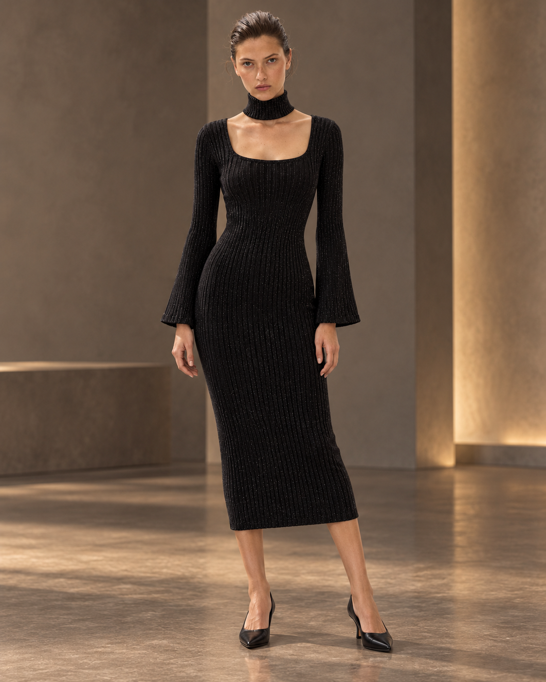 Noir Sculpt Knit Dress (Detachable TurtleNeck) – full length hero
